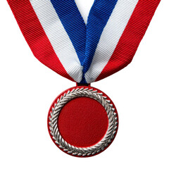 Detailed Image of a Gold Medal with Blue and Red Ribbon Isolated on White Background, Emphasizing Awards, Achievements, and Honors in Various Fields