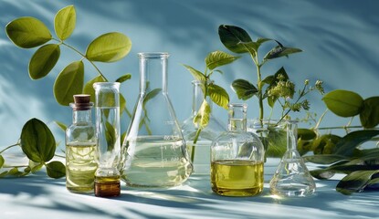 Clear glass laboratory flasks and bottles arranged with vibrant green foliage, suggesting natural beauty products