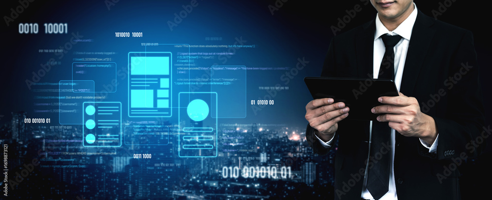 Wall mural ui ux mockup showing application layout, structure, and code interface. ui design defines user flow,