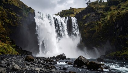 Powerful waterfall cascading down rocky cliffs