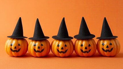 Five adorable jack-o'-lanterns wearing witch hats smile playfully on a vibrant orange background, perfect for festive Halloween celebrations.