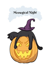 A character of a cat that sleeps on a pumpkin