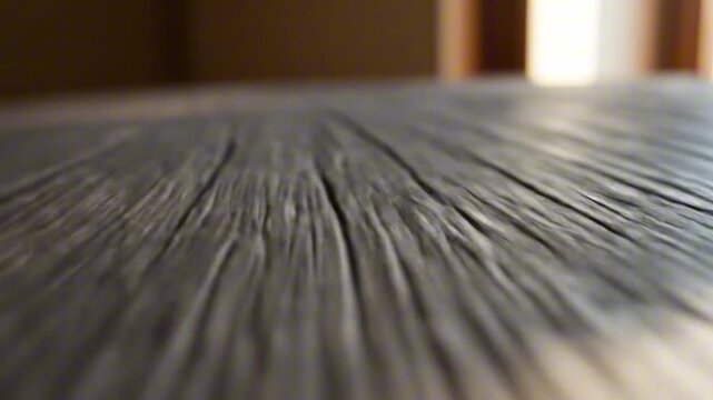 Closeup reveals a textured surface with ridges and shadows suggesting woven or carved material Blurred background
