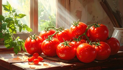 A still life composition showcasing a cluster of ripe, red tomatoes, glistening with water droplets, arranged on a rustic wooden surface near a window.