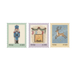 Charming collection of vintage Christmas stamps featuring, fairy, reindeer, fireplace, christmas decor, clipart