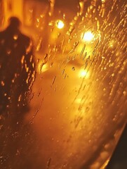 Raindrops on window create a warm glow during a rainy night in the city with soft lights illuminating the street