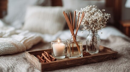 Home liquid perfume in glass bottle with sticks and burning scented candle on wooden tray on table in room close up. Cozy hygge atmosphere.