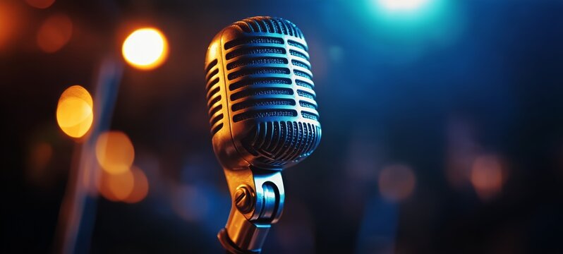 Close up of a Retro Microphone Under Blue and Orange Stage Lights During Evening - Powered by Adobe