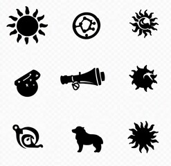 Modern illustration featuring the Aquarius zodiac sign, our Solar system, the Moon, stars, a solar eclipse, a Dog, Sagittarius, a Horse, and an icon