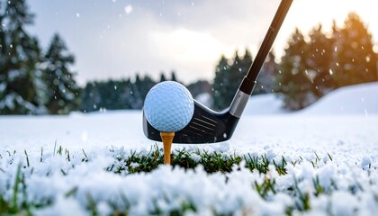 Golf ball on tee in winter snow