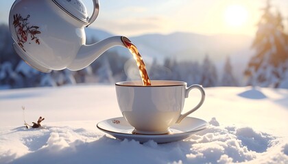 A warm cup of tea is poured from a vintage teapot onto snowy landscape, bathed in golden sunlight.