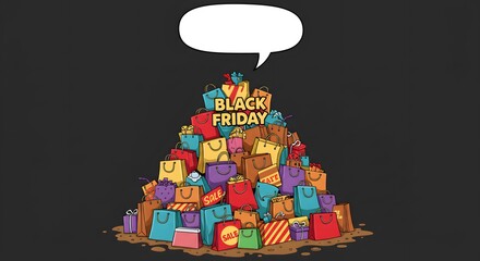 Cartoon-style Black Friday artwork with shopping bags and empty speech bubble for discounts