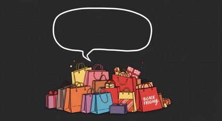 Cartoon-style Black Friday artwork with shopping bags and empty speech bubble for discounts