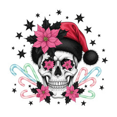 Festive sugar skull with Santa hat, poinsettias, and candy canes creates a unique holiday vibe