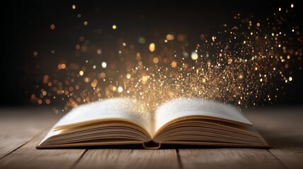 Magical image of open antique book over wooden table with glitter lights
