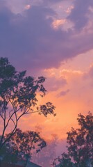 Obraz premium Dramatic sunset sky with vibrant orange, pink, and purple clouds, silhouetted by the branches of trees, creating a breathtaking and atmospheric natural landscape