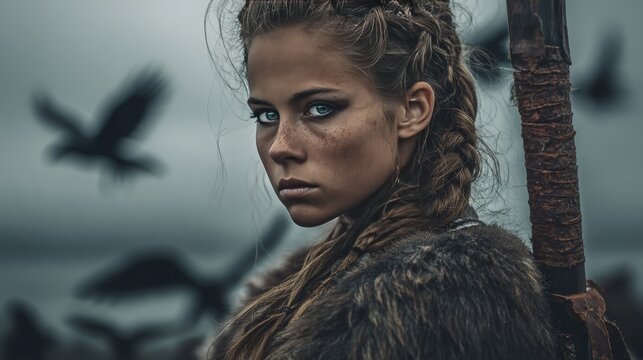 Viking shieldmaiden with braided hair and spear, fierce gaze, minimal battlefield background with cold gray sky and silhouettes of ravens, 16:9
