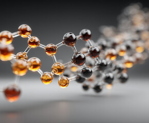 Zbliżenie na trójwymiarowy model molekularny. Krystaliczna struktura z błyszczących, przezroczystych kulek, połączonych szarymi prętami, symbolizująca chemię i naukę.