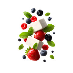 fromage blanc dollops with fresh berries and mint leaves suspended