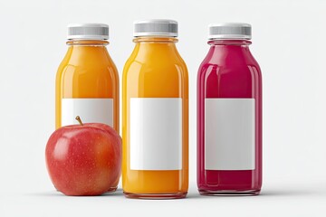 Three clear glass juice bottles, one orange, one red, and one purple, with blank labels, and a red apple