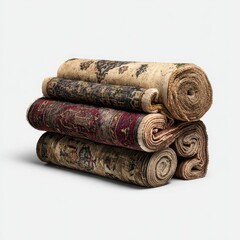 Stacked antique rugs, rolled and arranged.  Various patterns, colors and textures.  Neutral backdrop