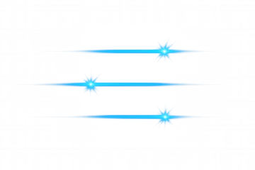 Horizontal blue laser beams with lens flare creating a futuristic and technological effect on a transparent background