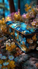 Intricate coffin surrounded by colorful flowers in a tranquil forest setting during golden hour