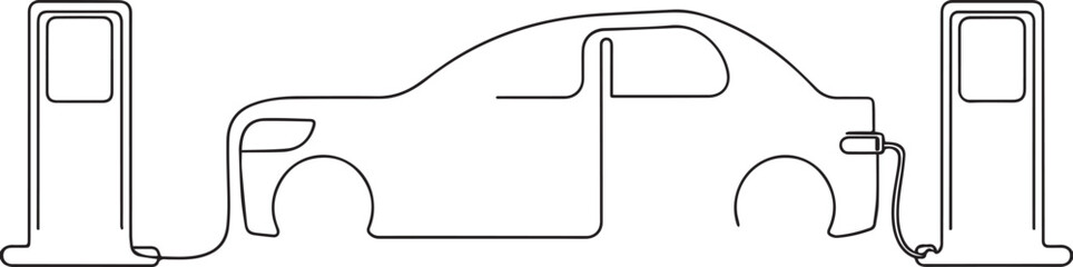 Electric car at charging stations continuous one continuous line art, Vector illustration, One line art, Line art graphic style.