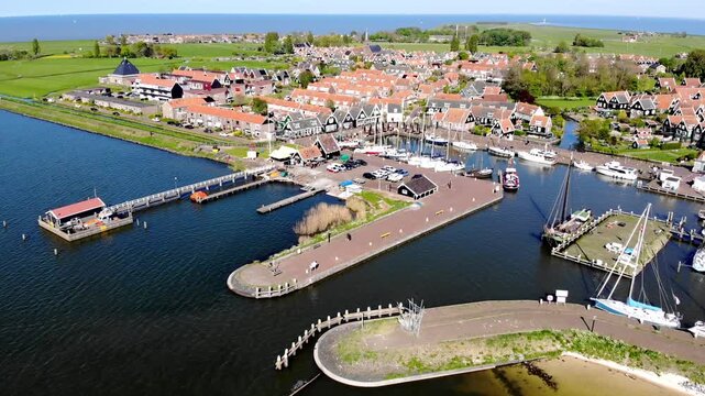 Aerial drone view of picturesque village of Marken, near Volendam, the Netherlands