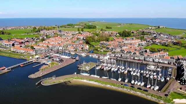 Aerial drone view of picturesque village of Marken, near Volendam, the Netherlands