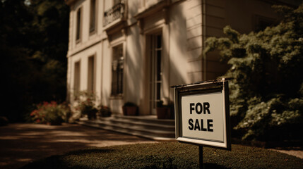 sale sign prominently displayed in front of elegant upscale villa surrounded by lush greenery