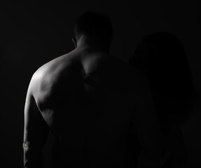 Silhouette and couple with love, marriage and shadow with profile