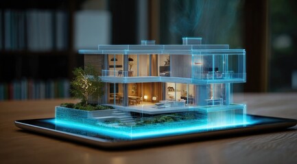 Digital model of a modern house displayed on a tablet.  Interior and exterior design visible.  Architectural lines and glowing outlines highlight the structure