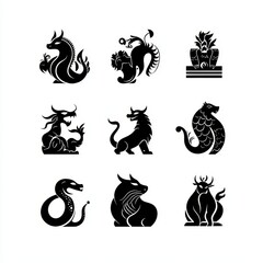 Modern illustration featuring silhouettes of eastern horoscope symbols