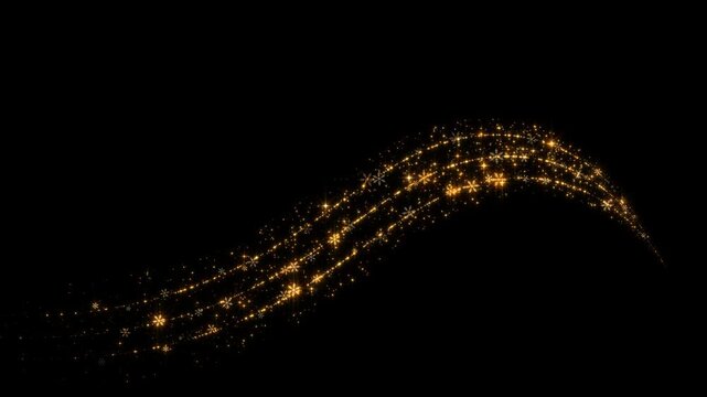 golden christmas lights trail wave with snowflakes and stars glitter alpha channel animation, holiday new year isolated motion design element
