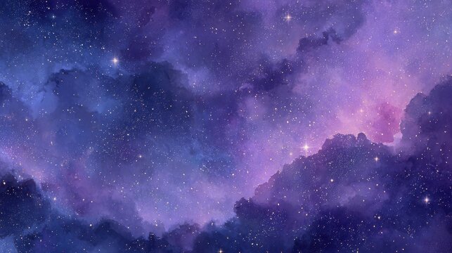 A swirling expanse of cosmic dust and gas in deep purples and pinks, illuminated by a multitude of twinkling stars, forming a mesmerizing and colorful galactic cloud