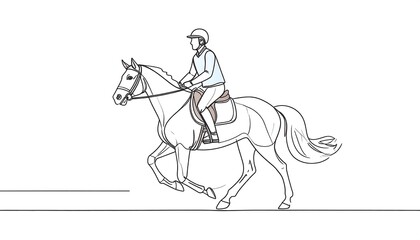 A light-toned line drawing depicts a rider astride a galloping horse, showcasing dynamic movement and elegant equine grace.