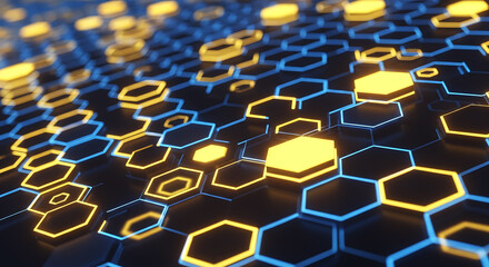 Obraz premium Abstract futuristic hexagonal grid with glowing yellow and blue lights