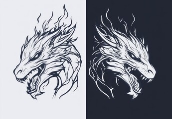 A contemporary collection of outline and black silhouette cliparts featuring a roaring dragon, detached from its background, in a fantasy monochrome illustration