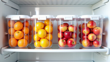 Transparent refrigerator bins filled with oranges and apples for organized fresh storage