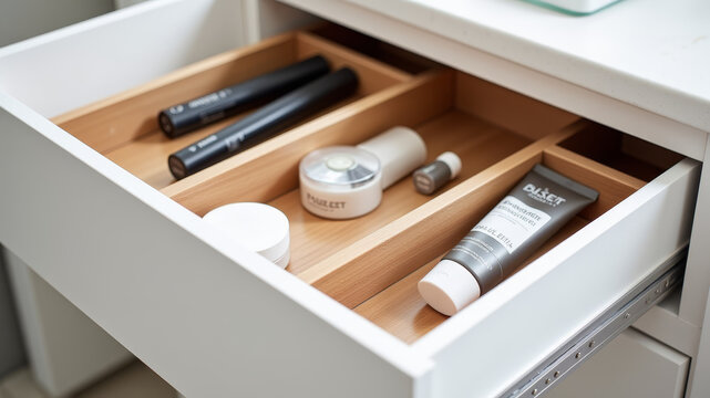 Drawer with grooming products and tools arranged in wooden compartments for daily use
