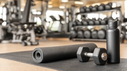 Obraz premium Web banner with fitness equipment on the floor in the sports gym. Mat, dumbbell, bottle for water. Healthy lifestyle and sport exercises