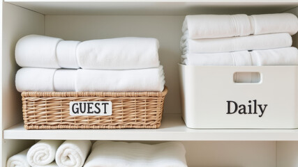 White baskets labeled guest and daily with folded towels placed on bathroom shelves