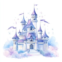 Fototapeta premium Fantasy castle with dreamy towers and sparkly accents set in soft blue and lavender tones 