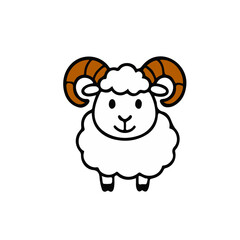 Obraz premium Cute Cartoon Ram with Big Curly Horns – Kawaii Sheep Illustration. Adorable cartoon ram with big curly horns and a happy face. Perfect for stickers, children’s books, icons, and farm-themed 