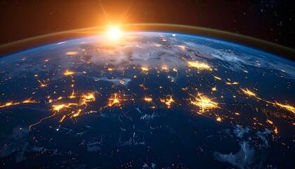 A breathtaking view of Earth from space, showcasing the vibrant glow of city lights against the backdrop of a sunrise.