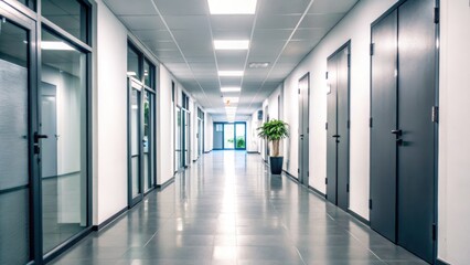 Modern Office Hallway Interior with Glass and Metal Doors