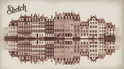 Fototapeta premium A sepiatoned sketch of classic amsterdam canal houses reflected in the water, with the word sketch artistically rendered above the cityscape