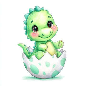 Cute baby dinosaur hatching from a spotted egg  for nursery art and sticker design