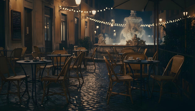 Roman Caf&eacute; Terrace at Night Inspired by La Dolce Vita